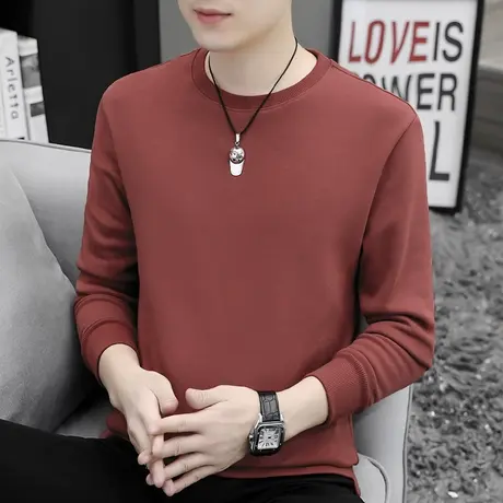 长袖t恤男纯色秋冬季加绒加厚保暖内搭打底衫潮流宽松圆领秋衣服商品大图