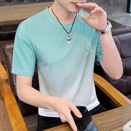 渐变冰丝短袖T恤男2021夏季潮流宽松夏装男装半袖滑料男款上衣服商品大图