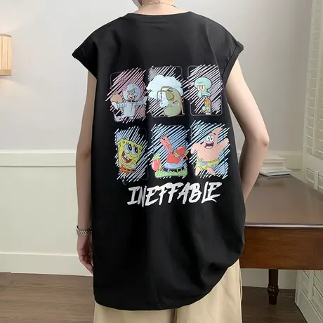 背心男夏季新款潮牌卡通印花纯棉无袖t恤宽松圆领青少年运动汗衫T商品大图