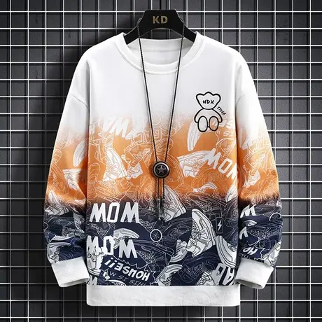 渐变色长袖t恤男士春秋款印花圆领卫衣男生设计感秋衣百搭打底衫商品大图