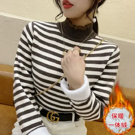 半高领毛衣女加绒加厚一体绒黑白条纹2023秋冬新款蕾丝花边打底衫商品大图
