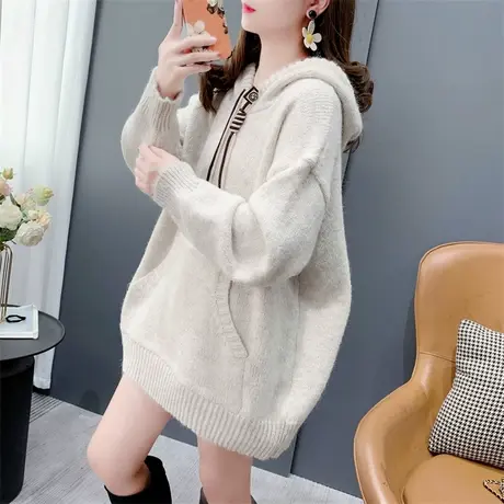 中长款软糯连帽毛衣女加厚秋冬2023年新款宽松慵懒风抽绳针织上衣图片