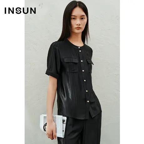 INSUN恩裳线上专选夏季质感醋酸圆领贴袋衬衫图片