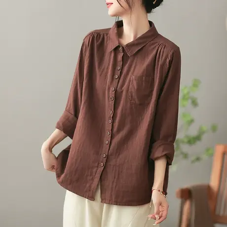 dza 文艺复古纯色全棉女士衬衫2023春款长袖衬衣宽松显瘦开衫上衣图片
