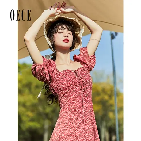 Oece复古方领碎花裙夏装新款女装法式仙气高腰短袖裙子连衣裙图片