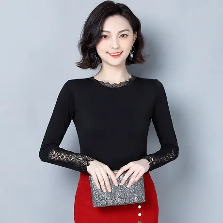 莫代尔打底衫女外穿内搭秋冬新款百搭圆领蕾丝小衫修身长袖薄上衣商品大图