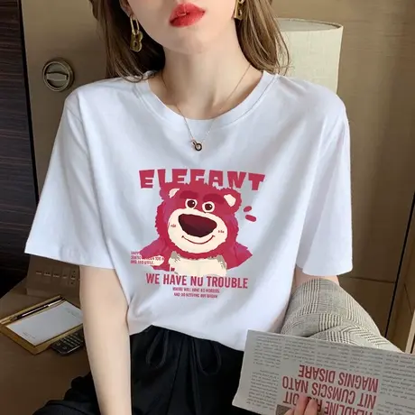白色短袖t恤女2024年夏季新款宽松半袖体恤草莓熊印花纯棉上衣服商品大图