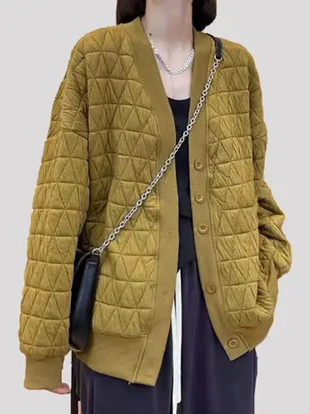 韩版慵懒风菱格纽扣短款宽松外穿V领开衫针织外套女2023秋季新款商品大图