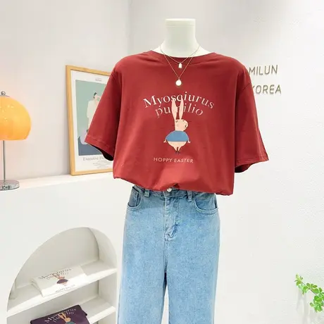 ins简约字母兔子短袖上衣2023春夏新款韩版高级感宽松纯棉T恤打底图片