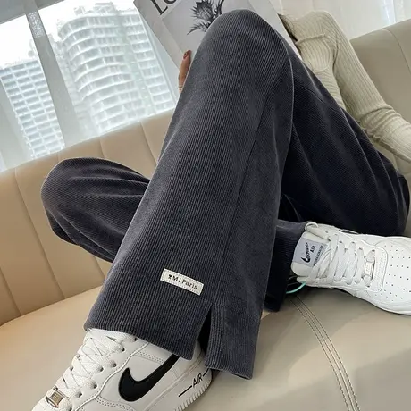 高级灰加绒雪尼尔阔腿裤女秋冬开叉高腰垂感休闲裤灯芯绒直筒裤子图片