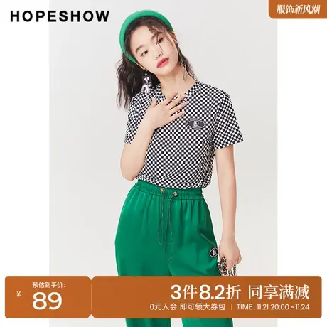 红袖outlets棋盘格T恤hopeshow2023夏季新款女装主题标显瘦上衣商品大图