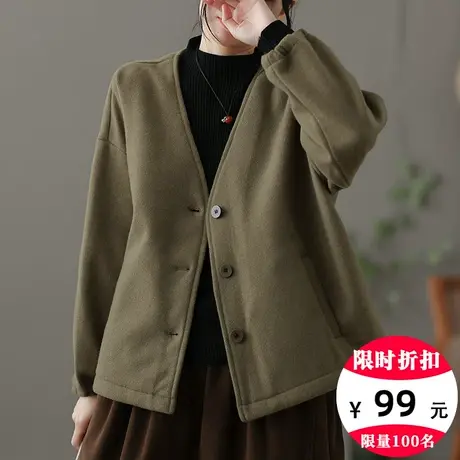 dza 宽松V领短款妮子大衣秋冬新款羊毛毛呢外套女士休闲复古上衣图片