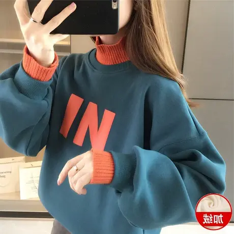 半高领卫衣女2022秋冬季韩版宽松加绒加厚小个子假两件上衣外套潮商品大图