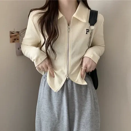 华夫格双拉链POLO领开衫卫衣女春秋薄款宽松百搭长袖短款上衣外套商品大图