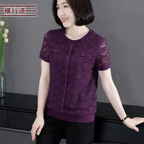 简约淑女纯色圆领蕾丝宽松短袖T恤女装大码外穿上衣2025夏季新款商品大图