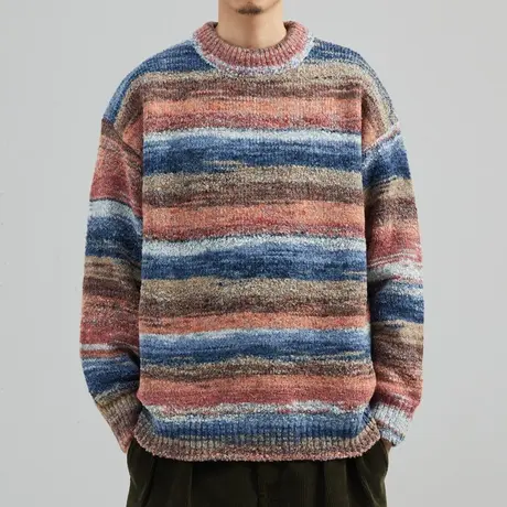 设计师日系慵懒复古条纹圆领毛衣男加厚2022秋冬季韩版宽松针织衫商品大图