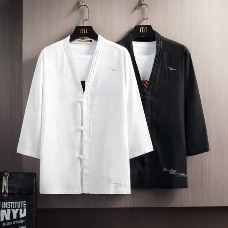 冰丝防晒衣男夏季防晒服汉服开衫七分袖道袍亚麻外套男装夹克薄款图片