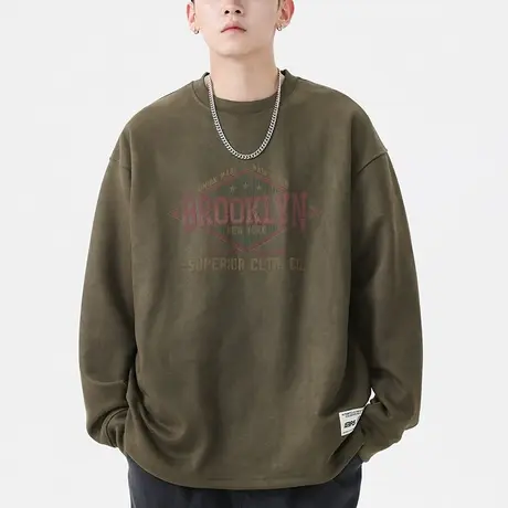 男士墨绿色套头卫衣男春秋款圆领2023新款麂皮绒印花上衣长袖t恤商品大图