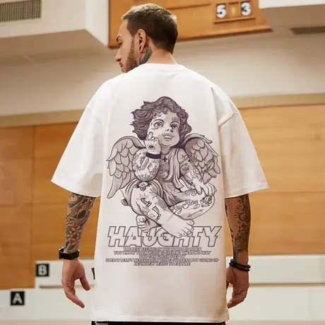 高街潮牌宽松T恤胖子短袖男加肥加大五分袖纯棉肥佬大码男装夏季商品大图