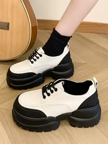 厚底英伦风黑色系带小皮鞋女2023新款春秋小个子增高乐福鞋女单鞋商品大图