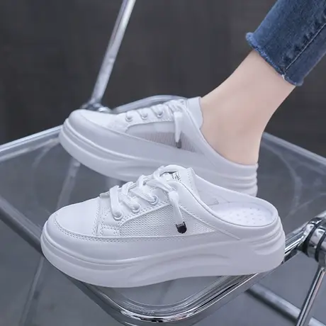 网红无后跟小白鞋女2023春季新款百搭透气网面包头半拖厚底懒人鞋商品大图