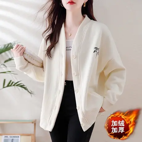 秋冬季新款加绒开衫外套女宽松加肥大码女装胖mm休闲减龄显瘦上衣商品大图