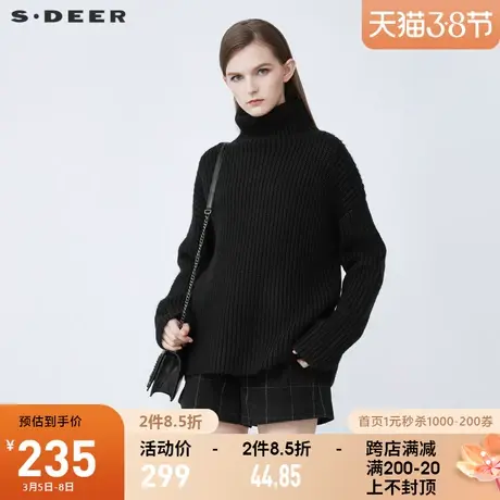 sdeer圣迪奥2021秋冬新品休闲罗纹高领落肩黑色针织毛衣S21463501🛢商品大图