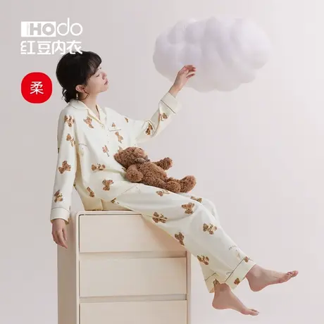 红豆女士睡衣春夏家薄款可爱卡通小熊吊带睡裙短袖裙可外穿家居服商品大图