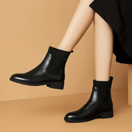 真皮新款软面软皮头层牛皮短靴子女耐磨防滑底保暖加绒款时装靴子商品大图