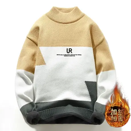 男士冬季毛衣学生拼接加绒加厚针织衫半高领大童装打底衫潮流线衣商品大图