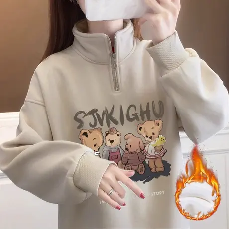 Polo领加绒套头卫衣女冬季加厚外套ins大码韩版半拉链慵懒风上衣图片