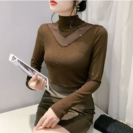 半高领欧货长袖打底衫洋气内塔拼接镂空重工钉珠上衣女修身T恤ins商品大图