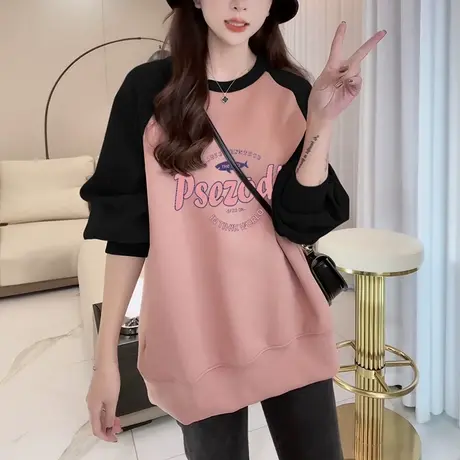 即墨卫衣女粉色chic韩系慵懒风插肩遮肉加绒上衣ins大码减龄外套图片