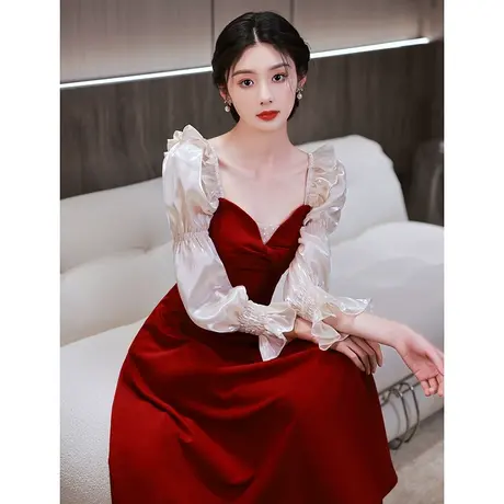 敬酒服新娘夏季酒红色订婚小个子礼服回门连衣裙平时可穿结婚便装图片