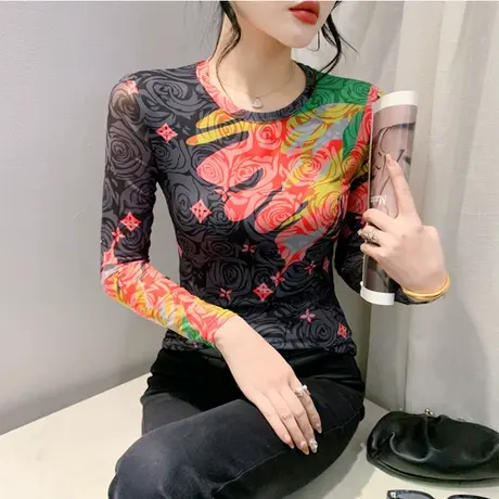 欧货女装性感网纱印花渐变T恤女洋气内塔上衣修身显瘦长袖打底衫图片