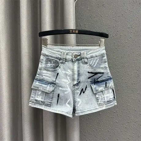 潮牌个性涂鸦牛仔短裤女2024春夏新款浅色工装口袋宽松显瘦阔腿裤商品大图