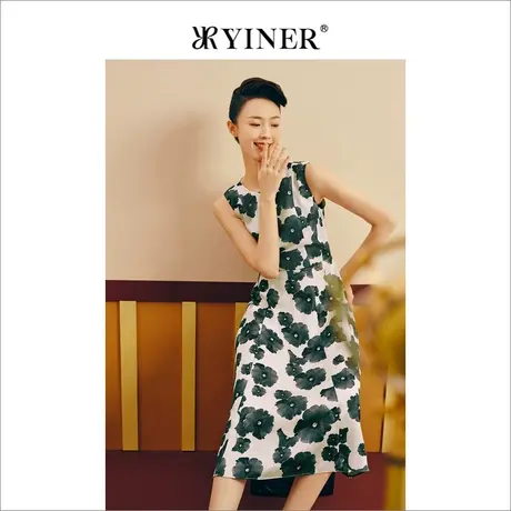 YINER音儿2023春季二醋酸水墨印花无袖连衣裙图片