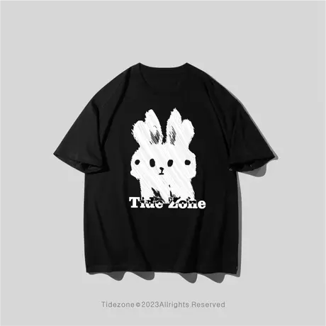 Ohlyah男女短袖T恤潮牌大码肥佬胖子白色兔子动物印花圆领体恤衫图片