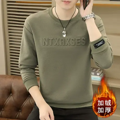 加绒加厚男卫衣无帽冬季2023新款圆领打底衫上衣潮牌百搭休闲长袖商品大图