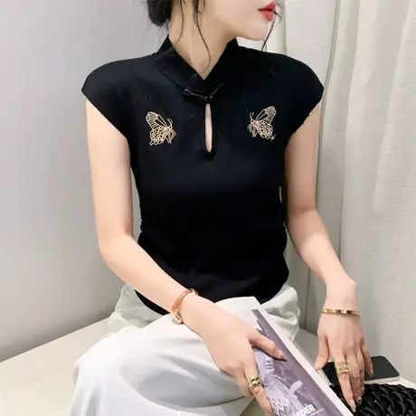 复古国风女装设计感盘扣T恤短袖时尚气质上衣修身蝴蝶刺绣打底衫商品大图