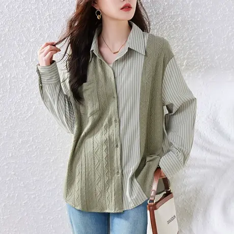 条纹拼接长袖衬衫女春秋新款宽松加大码女装减龄休闲百搭显瘦上衣商品大图