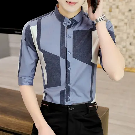 夏季七分袖衬衫男士休闲中袖衬衣发型师高级感痞帅青年寸衫上衣潮商品大图