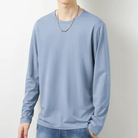 莫代尔秋季长袖t恤男纯色圆领上衣服潮流修身内搭打底衫秋衣小衫商品大图