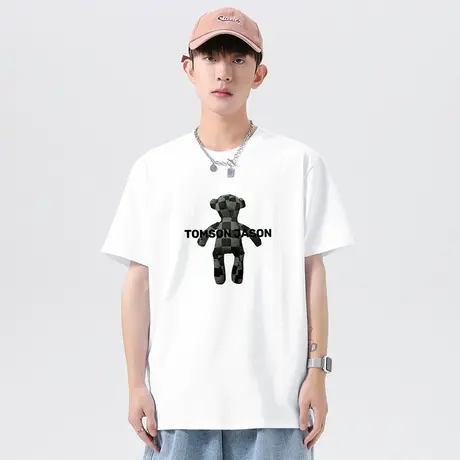 重磅纯棉短袖t恤男装小熊印花白色上衣服夏季潮流全棉半袖打底衫商品大图
