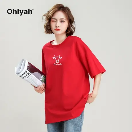 Ohlyah品牌 2023年春夏短袖t恤女大码半袖红色牛年洋气打底衫内搭商品大图