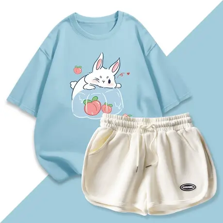 蓝色休闲运动套装女2023夏季新款活泼减龄女装纯棉短裤短袖两件套商品大图