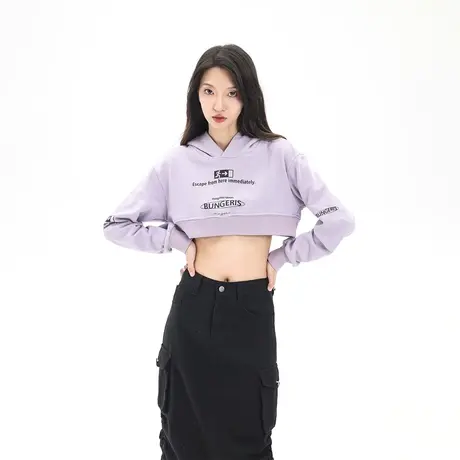 美式复古连帽卫衣女春秋2023年新款甜辣风修身短款上衣露脐装外套商品大图