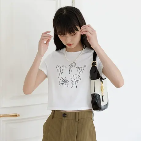 omont蛋挞家 复古创意水母印花短款短袖T恤女夏休闲百搭简约上衣商品大图