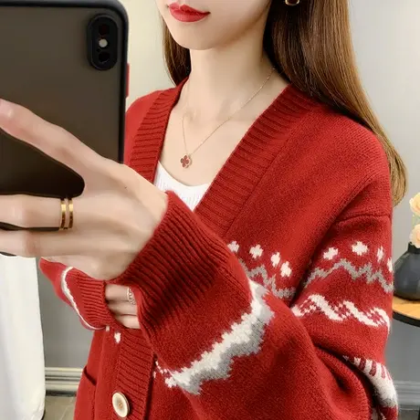 秋季2023新款女装外套红色毛衣女宽松慵懒风提花针织开衫上衣女商品大图