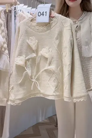 奶系小众高级感套头毛衣女2023早秋新款时尚百搭立体花朵针织衫洋商品大图